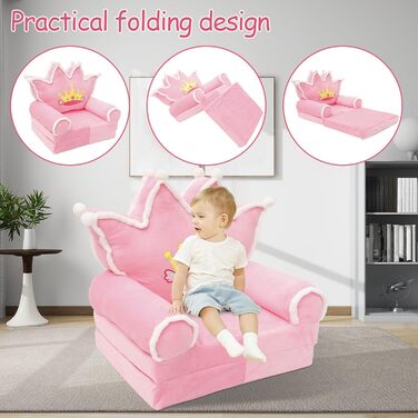 Дитяче крісло, зручний дитячий диван-ліжко, розкладний диванчик для малюків, легке дитяче крісло-шезлонг, портативний диванчик для дітей віком від 1 до 4 років (рожева хутряна корона з кульок)