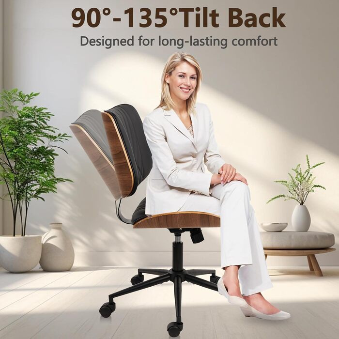 Офісне крісло CLATINA без підлокітників, стілець для столу з колесами, регульоване по висоті шкіряне поворотне комп&39ютерне крісло із середньою спинкою, сучасний стиль горіхового дерева для домашнього офісу, конференц-зал, чорний, комплект з