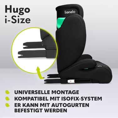 Дитяче автокрісло LIONELO HUGO I-SIZE, група 2 3, від 100-150 см, кріплення ISOFIX, регульований підголівник, піна з пам'яттю, біч