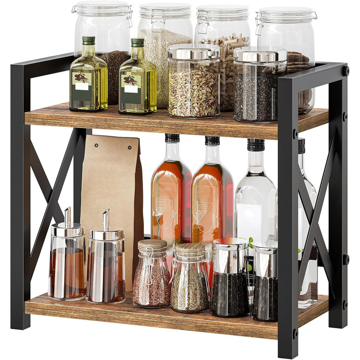 Стелаж для спецій, 2-рівневий органайзер та тримач, полиця для зберігання, промислова кухонна полиця, для кухні, офісу, вітальні та ванної кімнати, вінтажний коричневий та чорний XSR28BR