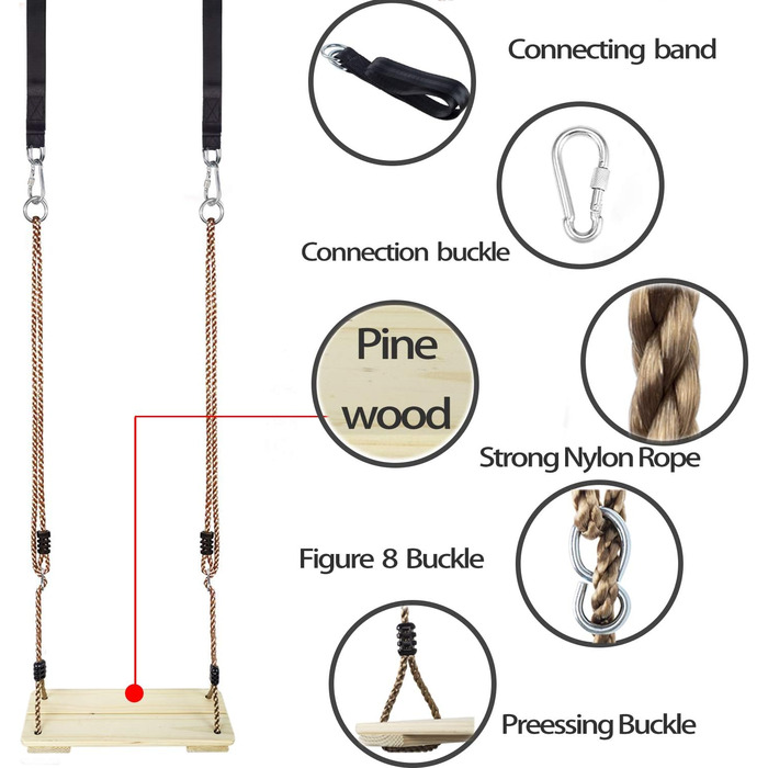 Дерев'яні гойдалки KINSPORY, садові гойдалки з регульованою конопляною мотузкою, для внутрішнього та зовнішнього використання, сид