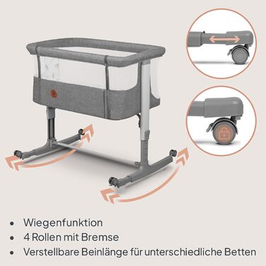 Дитяче ліжечко Lionelo Aurora 3-в-1 (до 9 кг), приліжкове ліжечко, колиска, регулювання висоти та нахилу матраца, 4 колеса з гальмами, ергономічний матрац, сумка для зберігання, сірий колір, великий розмір