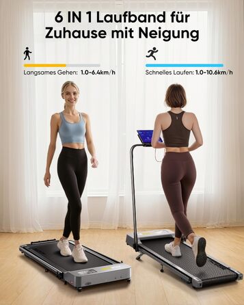 Складана бігова доріжка 6-в-1 для домашнього використання, біговий майданчик з нахилом 10 на 3 рівнях та ручками, бігова доріжка для дому/офісу зі світлодіодним дисплеєм, вантажопідйомність до 135 кг, пульт дистанційного керування та застосунок, встановле