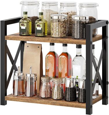 Стелаж для спецій, 2-рівневий органайзер та тримач, полиця для зберігання, промислова кухонна полиця, для кухні, офісу, вітальні та ванної кімнати, вінтажний коричневий та чорний XSR28BR