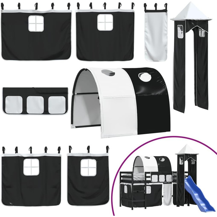 Меблі для дому Інструменти Дитяче ліжко-горище з вежею, біло-чорне, 90 x 200 см, масив дерева, сосна