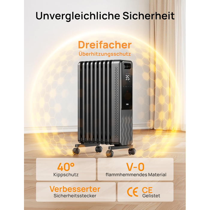 Енергозберігаючий масляний радіатор Dreo 2000 Вт, портативний електричний обігрівач з 9 ребрами, пульт дистанційного керування, 3 налаштування нагріву, 4 режими, 24-годинний таймер, захист від перегріву та перекидання, електричний радіатор з термостатом, 