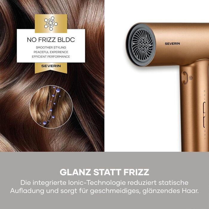 Фен для волосся Severin HT 0172 з іонізацією та функцією Anti-Frizz, 2000 Вт, 3 режими температури та потужності, холодний обдув, з концентратором та дифузором, S-Style, бронзовий/чорний