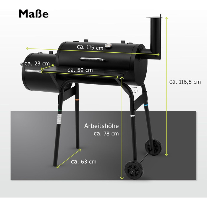 Гриль-коптильня Tepro BBQ Smoker Wichita, 2 камери для приготування, з колесами та термометром у кришці, чорний, розміри прибл. 112 x 63 x 116,5 см