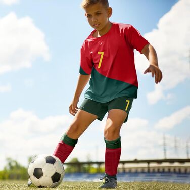 Футбольна майка для дітей, майка 7, футбольний комплект, що включає футбольну футболку, шорти, шкарпетки та щитки для гомілок, футболка для активного відпочинку для хлопчиків, розмір костюма 22, червоно-зелений