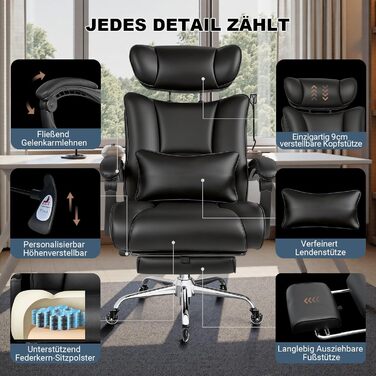 Офісне крісло BASETBL 200 кг, крісло керівника з 4-рівневою газовою пружиною, 3D-підлокітники, регульована поперекова опора та підголівник, тихі гумові ролики, широке сидіння XXL, EN12520, ергономічне офісне крісло чорного кольору з гумовими роликами