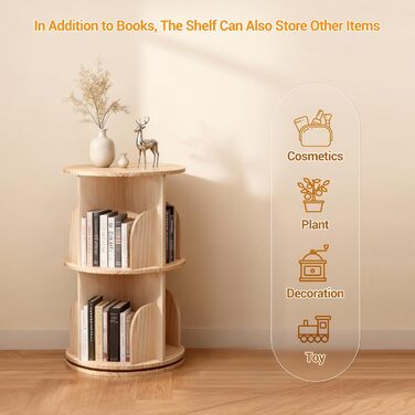 Рівнева обертова книжкова полиця з масиву дерева - Полиця на 360 - Підлогова книжкова полиця - Багатофункціональна книжкова полиця - Полиця для зберігання для дітей та дорослих, Ø39 см, В67 см, 2-
