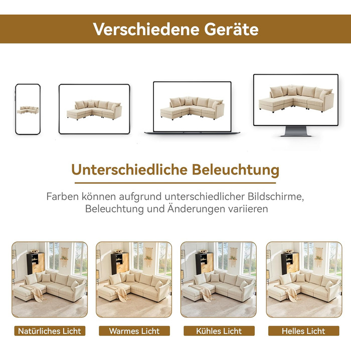Модульний 5-місний диван з розкладною підставкою для ніг, L-подібної, U-подібної форми, підходить для вітальні, квартири тощо, бежевого кольору