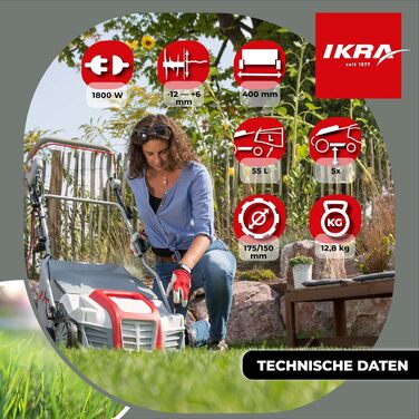 Вертикутер-Аератор газону IEVL 1840, мішок для збору трави 55л, ширина захвату 40см, 1800 Вт, з витягувачем бурянів у комплекті