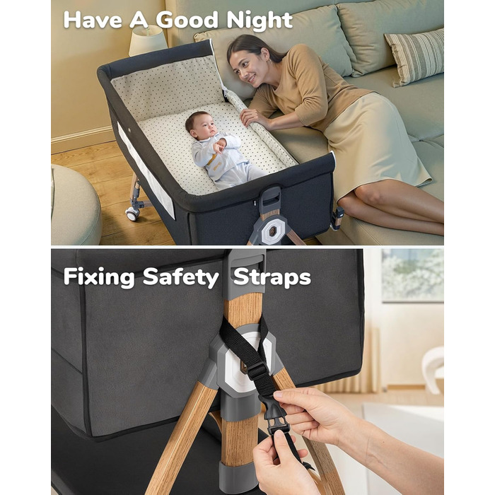 Дитяче ліжко COMOMY 3-в-1, дитяче ліжечко, дитяча колиска на колесах, включаючи матрац та москітну сітку, регулювання висоти в 6 напрямках