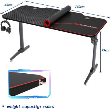 Ігровий стіл sogesfurniture 140 см, ігровий комп&39ютерний стіл для ПК з великим килимком для миші, тримачем для напоїв, гачком для навушників, ST-Eagle-1400BK-BH