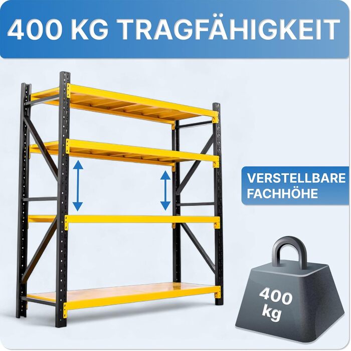 Міцний стелаж 200x120x50 см, навантаження на полицю 100 кг на рівень та загальна вантажопідйомність 400 кг, гаражні стелажі, підвальні стелажі, стелажі для зберігання, широкопролітний стелаж глибиною 50 см