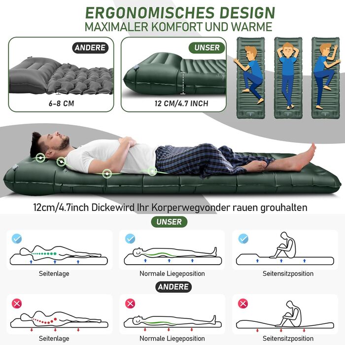 Килимок для сну в кемпінгу, надувний матрац товщиною 12 см, невеликий розмір упаковки з ножним насосом, надлегкий водонепроникний надувний матрац для використання на свіжому повітрі, килимок для сну з антиріпстопом для походів та пляжу, армійський зелений