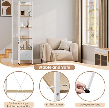 Ярусна окремостояча полиця WOLTU з шухлядою, металевий каркас, для вітальні, кабінету, домашнього офісу, спальні, сучасний колір, світлий дуб білий, RGB63whe 40x30x187 см світлий дуб білий, 5-