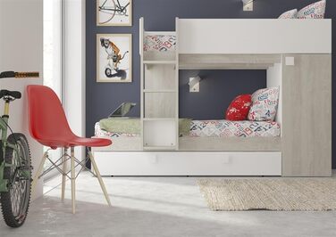 Двох'ярусне ліжко для двох дітей з висувним спальним місцем і шафою для одягу в білому кольорі