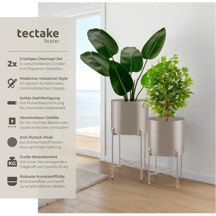 Підставка для рослин tectake, набір із 2 предметів, підставка для квітів, металевий квітковий горщик, знімні кашпо, декоративні квіткові горщики для вітальні, кашпо для використання в приміщенні та на вулиці, квітковий пуф з ніжками та кашпо - сіро-коричн