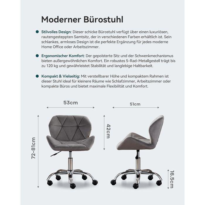 Офісне крісло HNNHOME Eris, сучасне, оббите оксамитом, обертове крісло, тканина, регульована висота, сірий оксамит