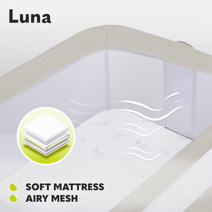 Дитяча тумбочка Lionelo Aurora 3-в-1 для сну від народження до 9 кг, регульована висота та нахил, матрац, 4 колеса, що блокуються, дихаюча, портативна, можна прати, сумка, ремені (світло-бежевий LUNA)