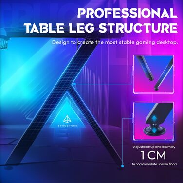 Ігровий стіл із RGB-світлодіодним підсвічуванням, 120x60 см, ергономічний ігровий комп&39ютерний стіл з карбоновою поверхнею, RGB-ігровий стіл/комп&39ютерний стіл з пультом дистанційного керування та кріпленням для навушників, чорний, 120x60x75 см