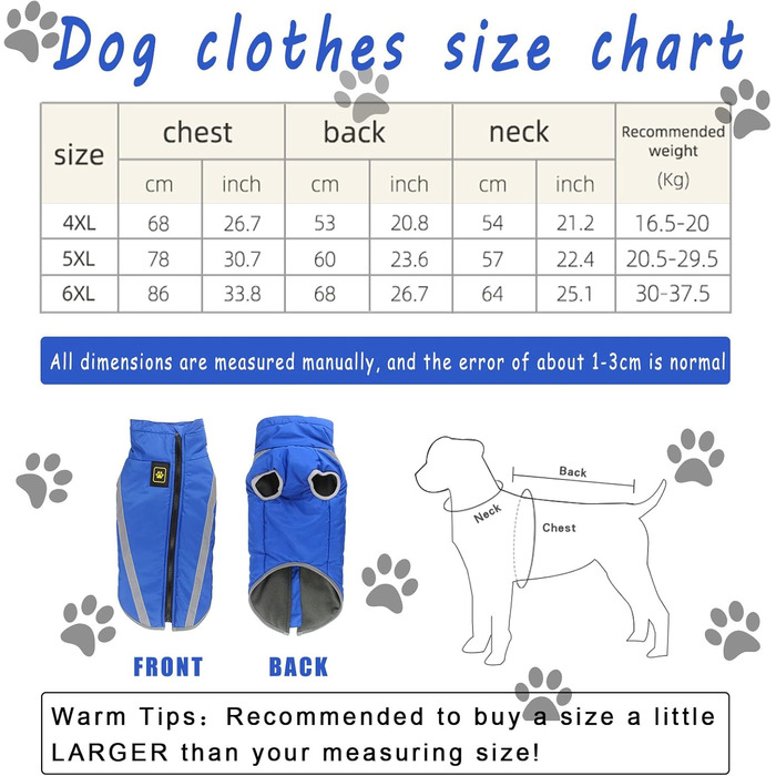 Зимова куртка для собак, тепле пальто для собак середніх та великих собак, водонепроникний зимовий одяг для собак, світловідбиваючий флісовий одяг для цуценят, лабрадора, бульдога, самоєда (6XL/68 см, синій) 6XL/68 см синій