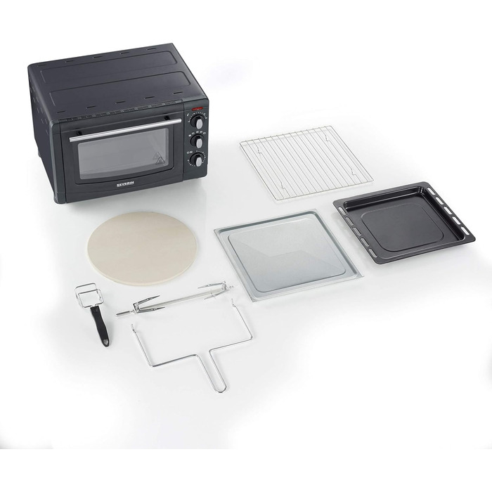 Піч для випічки та підсмажування SEVERIN з функцією конвекції, міні-піч з решіткою для гриля, деко для випічки, гриль і камінь для піци, універсальна конвекційна піч ємністю 20 л, 1 500 Вт, чорний, TO 2068 Ручка зручного дизайну одинарна