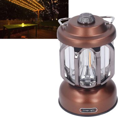 Ретро-світлодіодний кемпінговий ліхтар, тип C, акумуляторний, вінтажний кемпінговий ліхтар, портативні кемпінгові ліхтарі та ліхтарі, 3 режими, з регульованою яскравістю, з гачком, світлодіодний наметовий ліхтар для саду (коричневий)