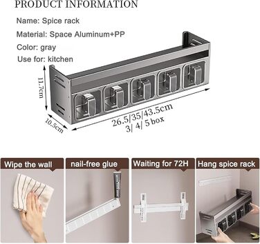 Підставка для спецій з банками для спецій, окремостояча та настінна підставка для спецій, банки для спецій з полицею, підставка/тримач для спецій, органайзер для спецій для кухонної стільниці та шафи, підвісні підставки для спецій (не потребує свердління)