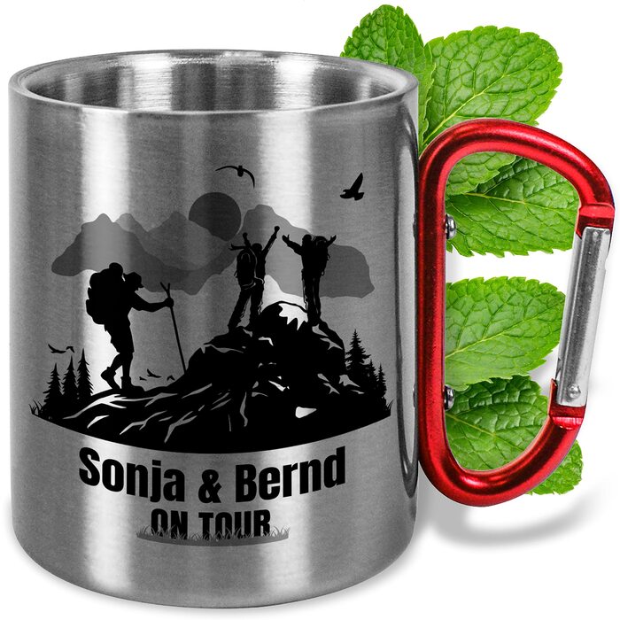 Персоналізована кружка з нержавіючої сталі з карабіном БАЖАНЕ ІМ&39Я В ПОДОРОЖІ приблизно 330 мл Металева кружка з іменем Подарунок для чоловіків та жінок на природу, День батька, Різдво (Пішохідний туризм, червона ручка)
