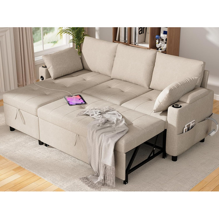 Диван-ліжко 3-в-1, Розкладний шезлонг-диван, Шкіряний диван-ліжко з місцем для зберігання, USB-портами та підставками для чашок, Розкладний диван для вітальні та квартири, Бежевий