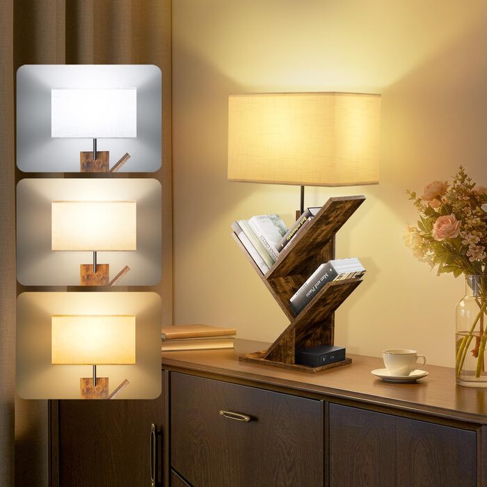 Книжкова полиця GOOGO у формі дерева з підсвічуванням та зарядною станцією, 4-рівнева окремостояча полиця для книг та компакт-дисків, 3 колірні температури, настільна книжкова полиця для вітальні, спальні та домашнього офісу (коричнева)