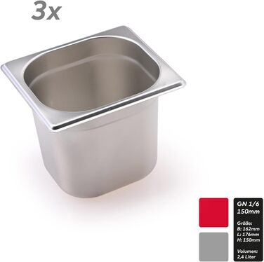 Комплект GN контейнерів 3 шт. GN 1/6 150 мм - нержавіюча сталь