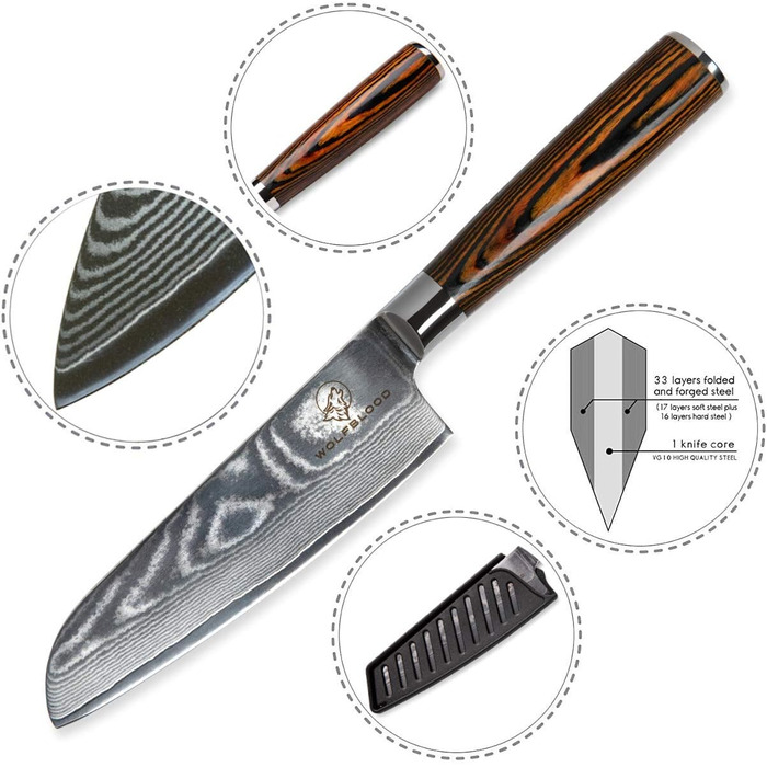 Ніж з дамаської сталі Вовча кров Сантоку L (24 см) Професійний кухарський ніж з натуральної 67-шарової дамаської сталі I Дамаський