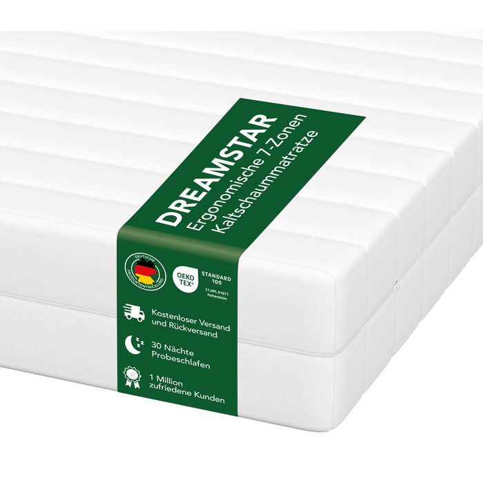 Матрац DREAMSTAR Simple Flex Duo 7-зонний 90x200 см H2&H3 Ергономічний матрац з холодної піни Гіпоалергенний та антибактеріальний Знімний та пральний чохол Oeko-Tex (12 см, 90 x 200 см) 90 x 200 см 12 см