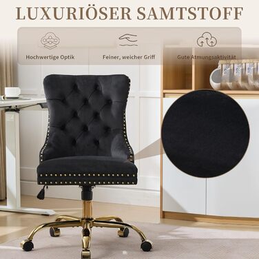 Вінтажне британське оксамитове офісне крісло зі стьобаною спинкою та оздобленням цвяхами, регульоване по висоті, поворотне та з коліщатками, вантажопідйомність до 150 кг - Зручне туалетне крісло для домашнього офісу, чорного кольору