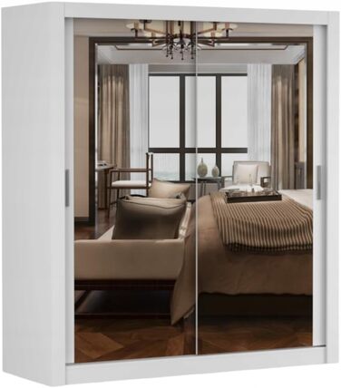 Шафа з дзеркалом - Шафа з розсувними дверима - Шафа для спальні - 64 x 180 x 215 см - Шафа для вітальні - Вішалка для одягу, Шафа з двома дверима, Сучасна 180 см Біла