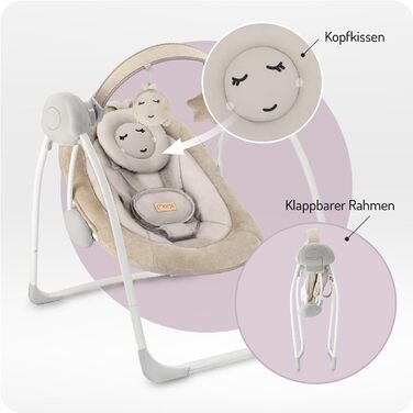 Електронний шезлонг MoMi LISS для немовлят до 9 кг, складний, живлення від батарейок або мережі, адаптер живлення з USB-кабелем, 5-точковий ремінь безпеки, дуга з іграшками, 6 мелодій, таймер, 5 швидкостей гойдання, бежевий колір