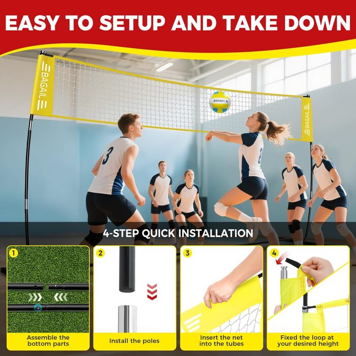 Волейбольна сітка BAGAIL 3,6 м / 6,1 м – портативна для заднього двору, регульована висота, міцна рама, окремостояча конструкція, набір для приміщень та вулиці, 12 футів