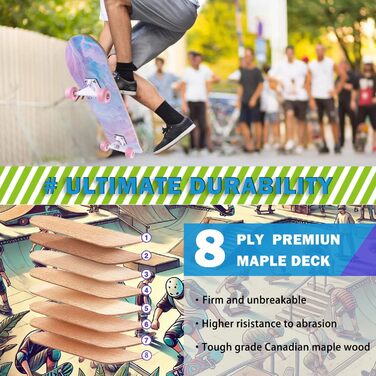 Скейтборд CLCYTIP 31 x 8 дюймів - повний круїзерний скейтборд для початківців, 8-шарова кленова дека, ABEC-11 кулькові підшипники, увігнута дека з подвійним кіком, для підлітків та дорослих, рожевий JG дизайн