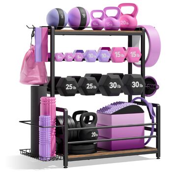 Стійка для гантелей для домашнього тренажерного залу, 3-рівнева підставка для зберігання гантелей та гирь, тримач для медичних м&39ячів, сталевий органайзер 272 кг з кошиком для килимка для йоги, гачками та регульованими ніжками, 60 40 см