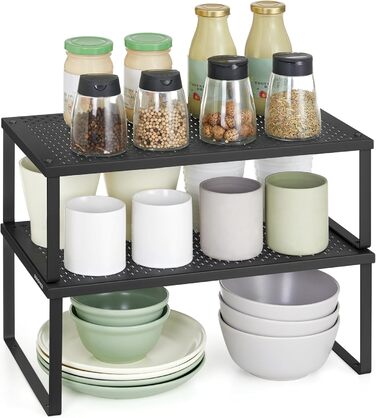 Стійка для спецій, Набір з 2, Кухонна полиця, Кухонний органайзер, Кухня, Тримач для спецій, Розширюваний, Штабелюється, Маленька полиця, Метал, Чорний колір KCS401B01 40 см Чорний колір