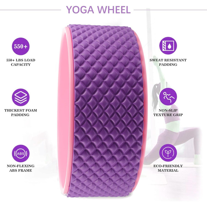 Колесо для йоги Mikinona з пластику для фітнесу та пілатесу, валик для спини з масажними виступами, нековзне колесо для прогинів назад для тренувань з йоги та розкриття хребта, підходить для початківців, рожевий
