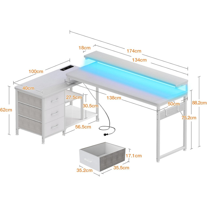 Г-подібний письмовий стіл ODK з шухлядами, кутовий стіл 174x100 см, білий з перевернутою полицею, ігровий стіл зі світлодіодним підсвічуванням та підставкою для монітора, комп&39ютерний стіл, офісний стіл для кабінету або спальні, 174x100 см, білий