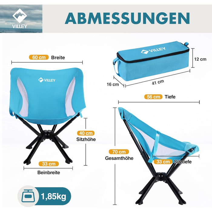Складаний та портативний кемпінговий стілець VILLEY, синій, складний кемпінговий стілець з алюмінієвою рамою та міцною та дихаючою тканиною, вантажопідйомність 150 кг, кемпінговий стілець з сумкою для використання на свіжому повітрі, риболовля