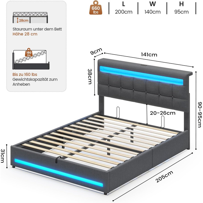 М&39яке ліжко AOGLLATI 140 x 200 зі світлодіодним освітленням та зарядною станцією, каркас ліжка з регульованим по висоті узголів&39ям та місцем для зберігання, гідравлічне ліжко 140 x 200 см, рейкова основа, льон, без матраца, темно-сірий 140 x 200 см те