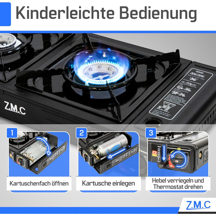 Газова плита для кемпінгу ZMC, 2 конфорки, 2,5 кВт, включаючи адаптер для підключення зрідженого газу та футляр для зберігання. Комплект кемпінгової плити з газовими картриджами та грильною пластиною (можна вибрати), з п&39єзорозпалом, для використання на