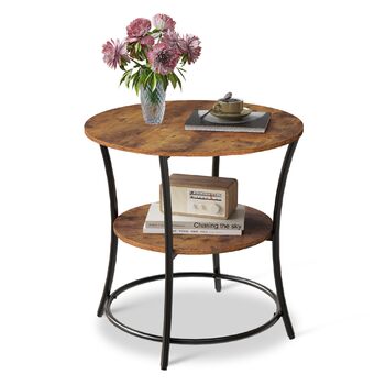 Круглий журнальний столик WLIVE, 2-рівневий маленький журнальний столик з відділенням для зберігання, металевий каркас, кругла тумбочка для вітальні, спальні, невеликих приміщень, рустикальний коричневий